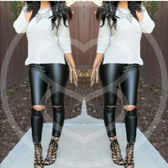 BellanBlue Pants - Black Cut out knee Vegan leather leggings Fitted Sexy